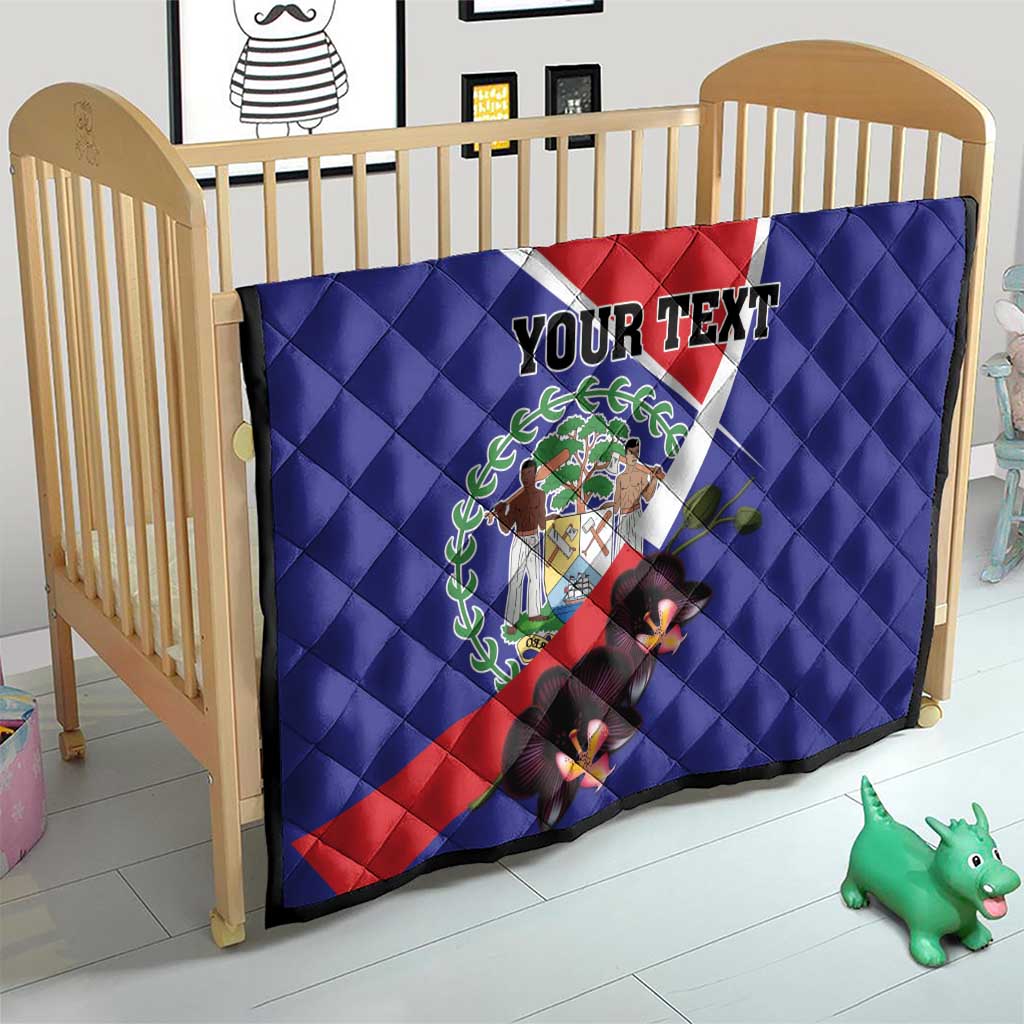 Personalized Belize coat of arms quilt for crib, blue with red/white diagonal and orchids