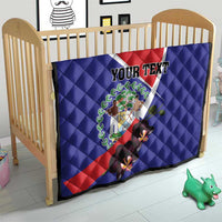 Personalized Belize coat of arms quilt for crib, blue with red/white diagonal and orchids