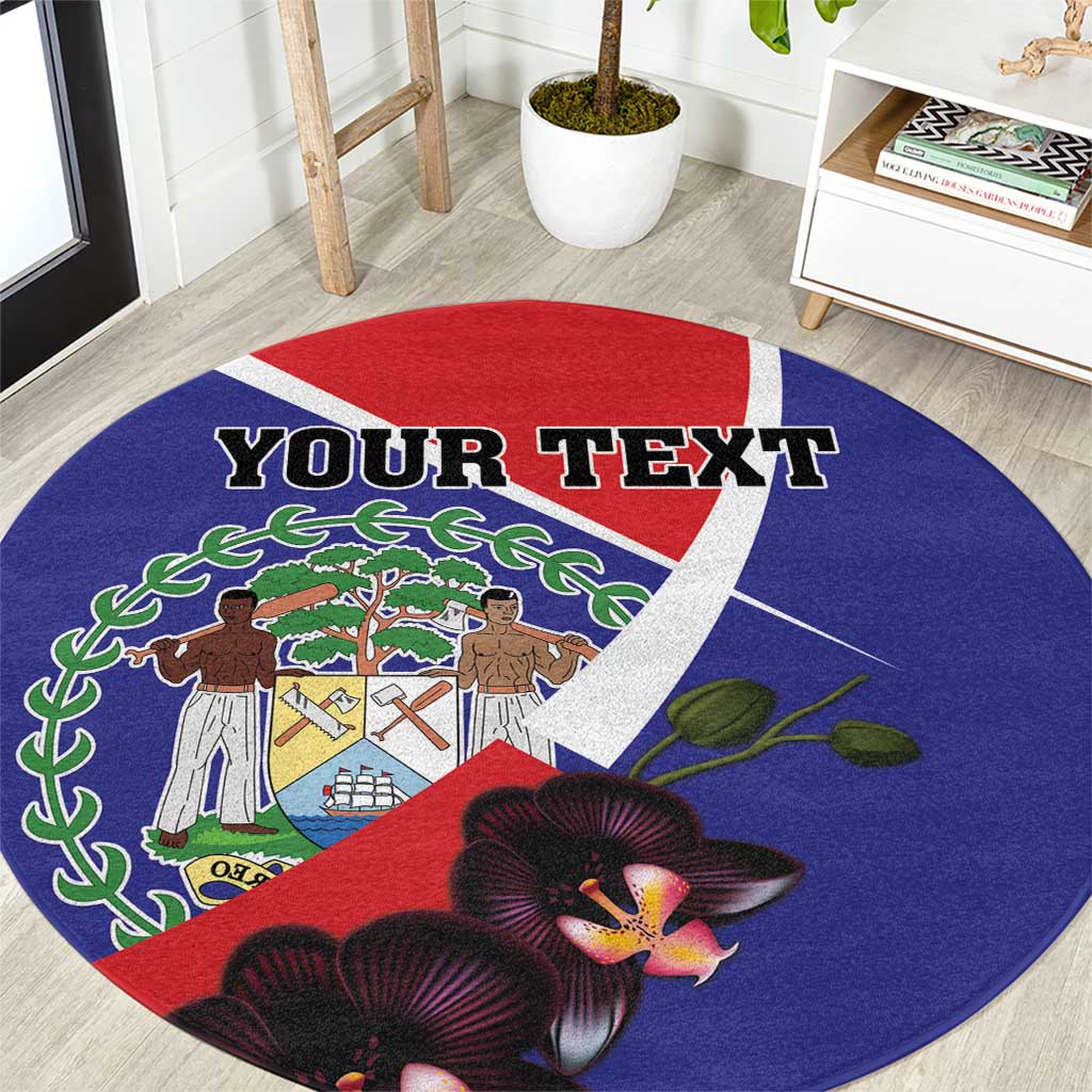 Round blue rug with Belize coat of arms, orchid flowers, and 'YOUR TEXT' on center