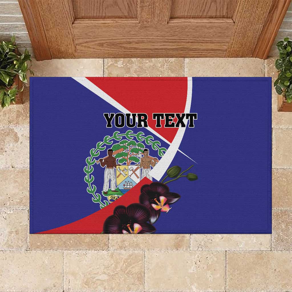 Personalized Belize Coat Of Arms Rubber Doormat With Black Orchid Flowers