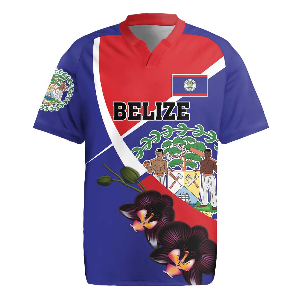 Personalized Belize Coat Of Arms Rugby Jersey With Black Orchid Flowers