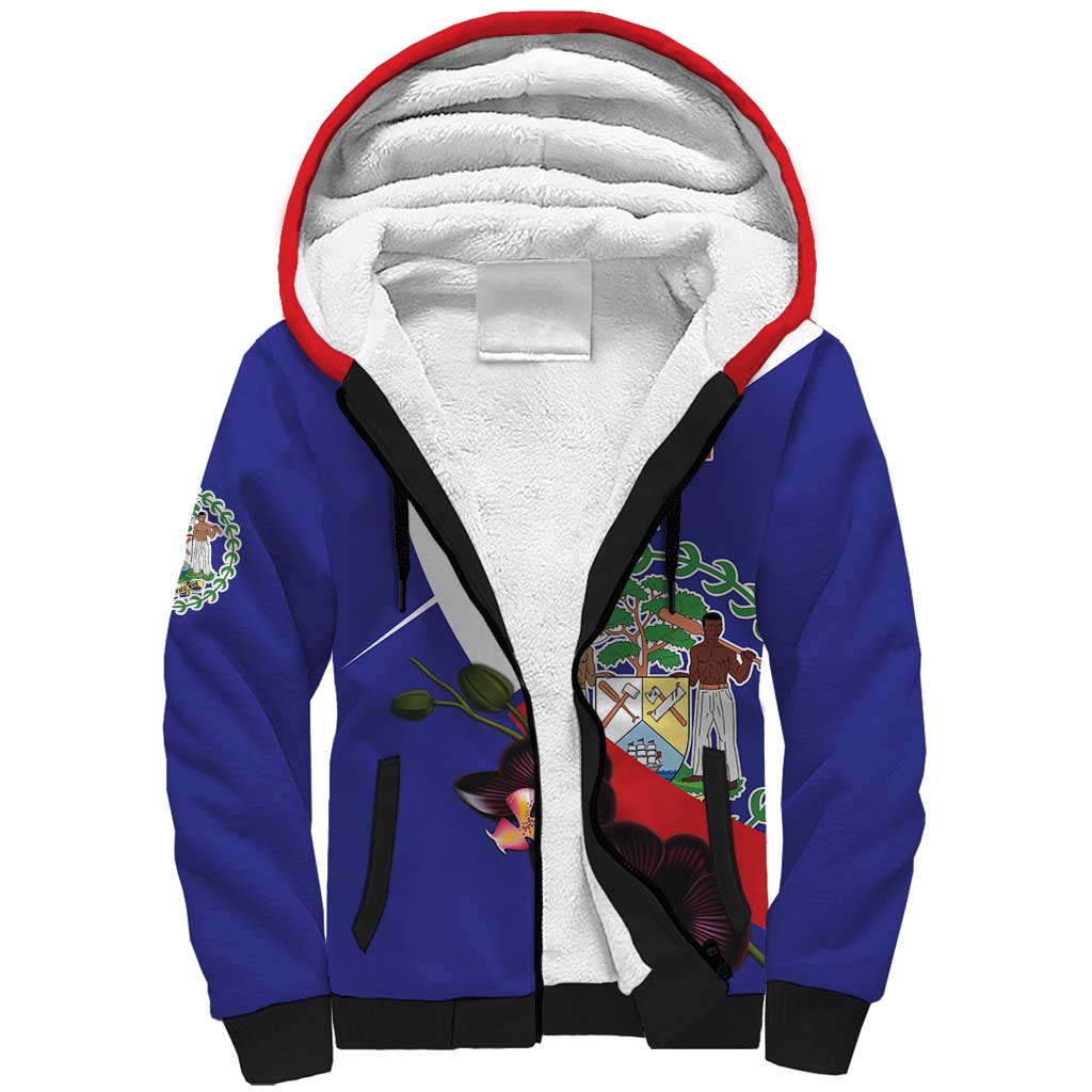 Personalized Belize Coat Of Arms Sherpa Hoodie With Black Orchid Flowers