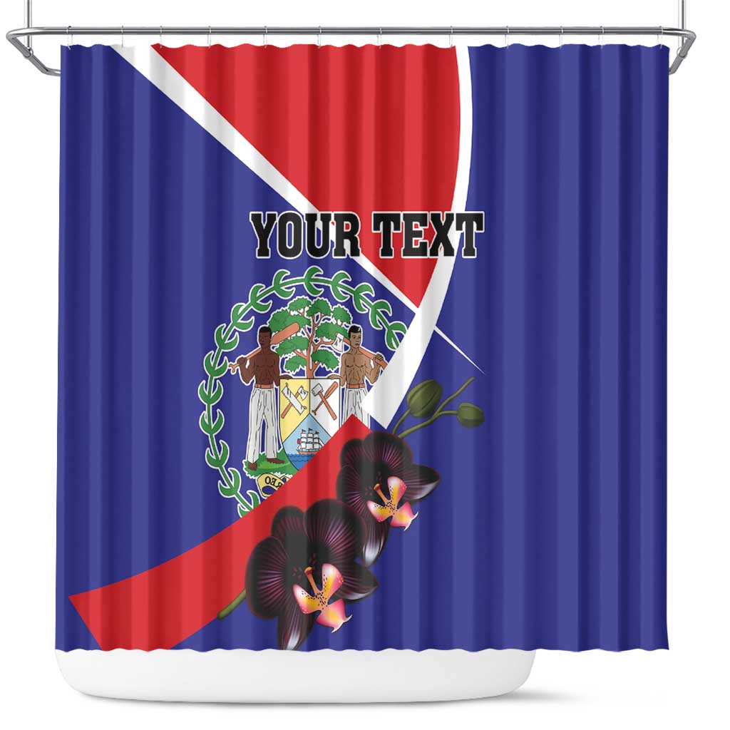 Personalized Belize Coat Of Arms Shower Curtain With Black Orchid Flowers