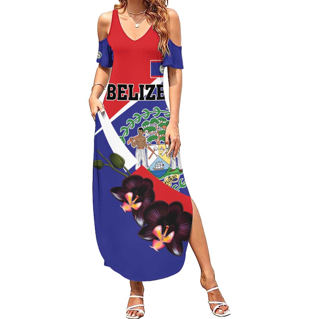 Personalized Belize Coat Of Arms Summer Maxi Dress With Black Orchid Flowers