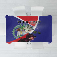 Blue personalized tablecloth with coat of arms design and “YOUR TEXT” banner.
