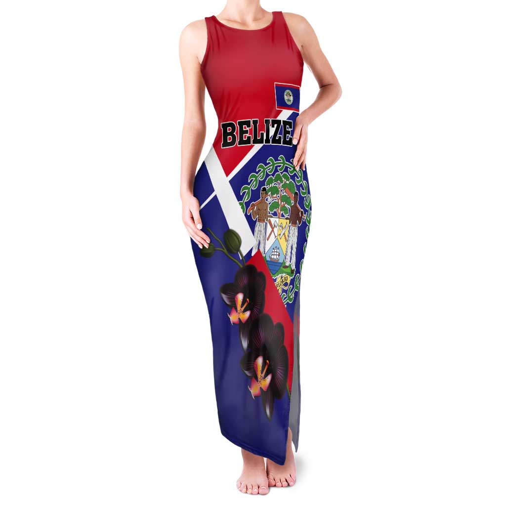 Personalized Belize Coat Of Arms Tank Maxi Dress With Black Orchid Flowers