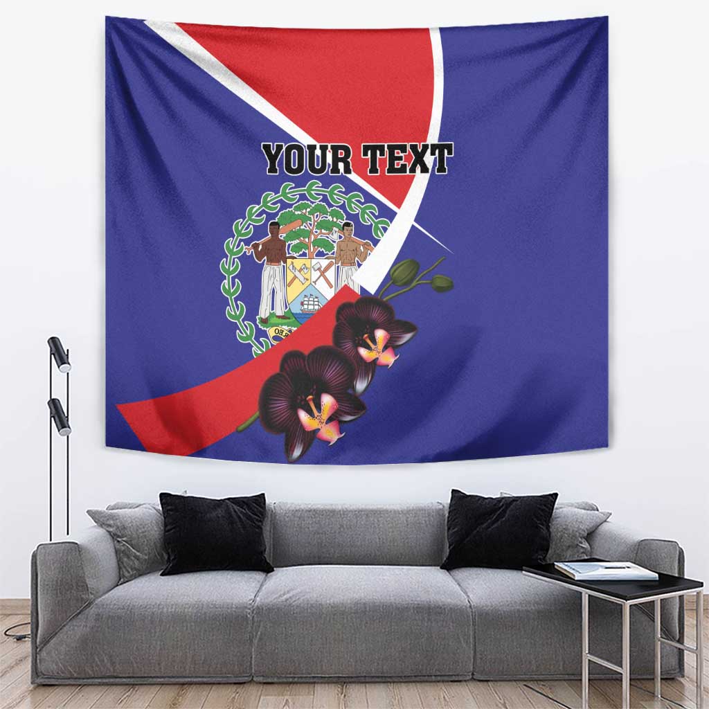 Blue Belize coat of arms tapestry with 'YOUR TEXT' and black orchid flowers