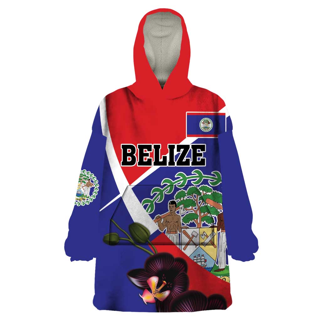 Personalized Belize Coat Of Arms Wearable Blanket Hoodie With Black Orchid Flowers