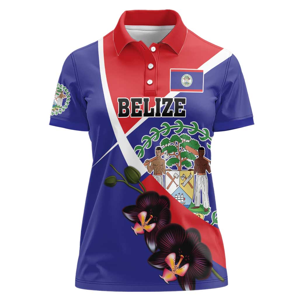 Personalized Belize Coat Of Arms Women Polo Shirt With Black Orchid Flowers