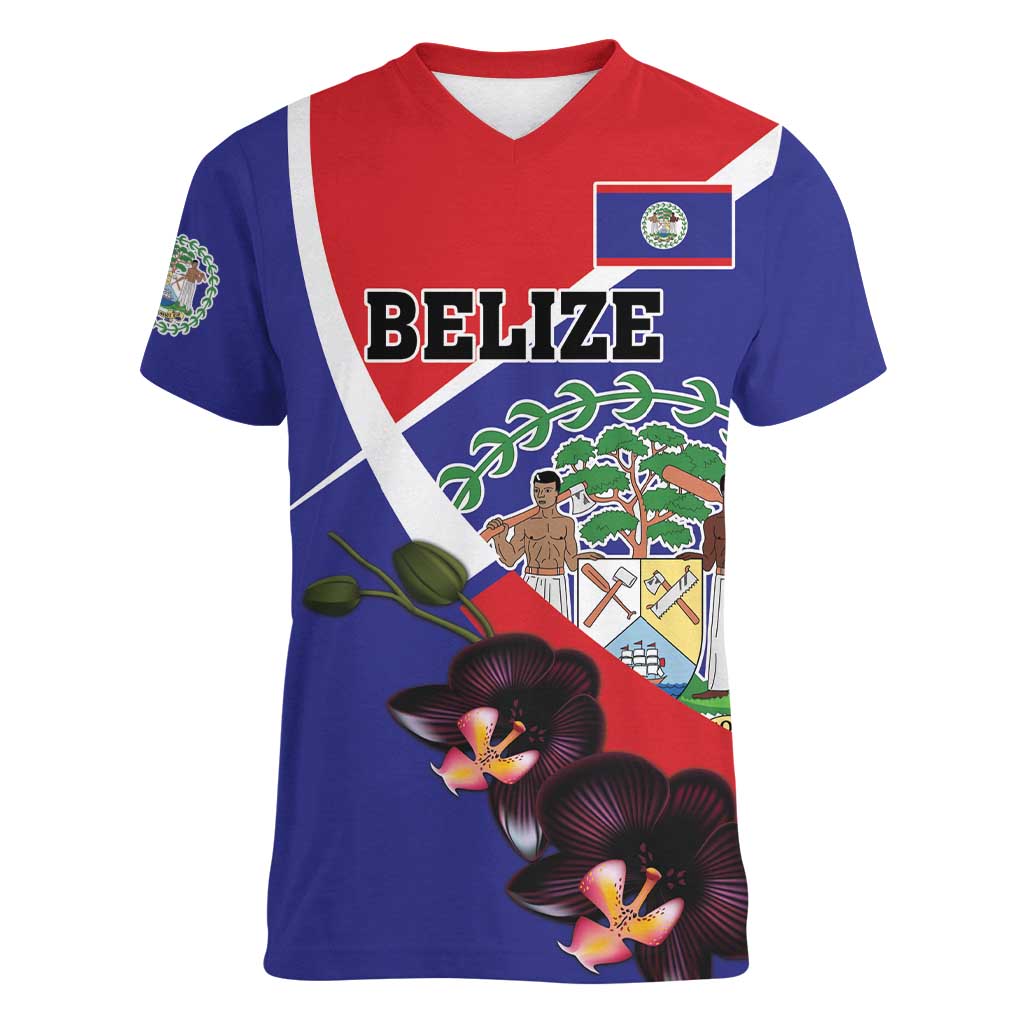 Personalized Belize Coat Of Arms Women V-Neck T-Shirt With Black Orchid Flowers