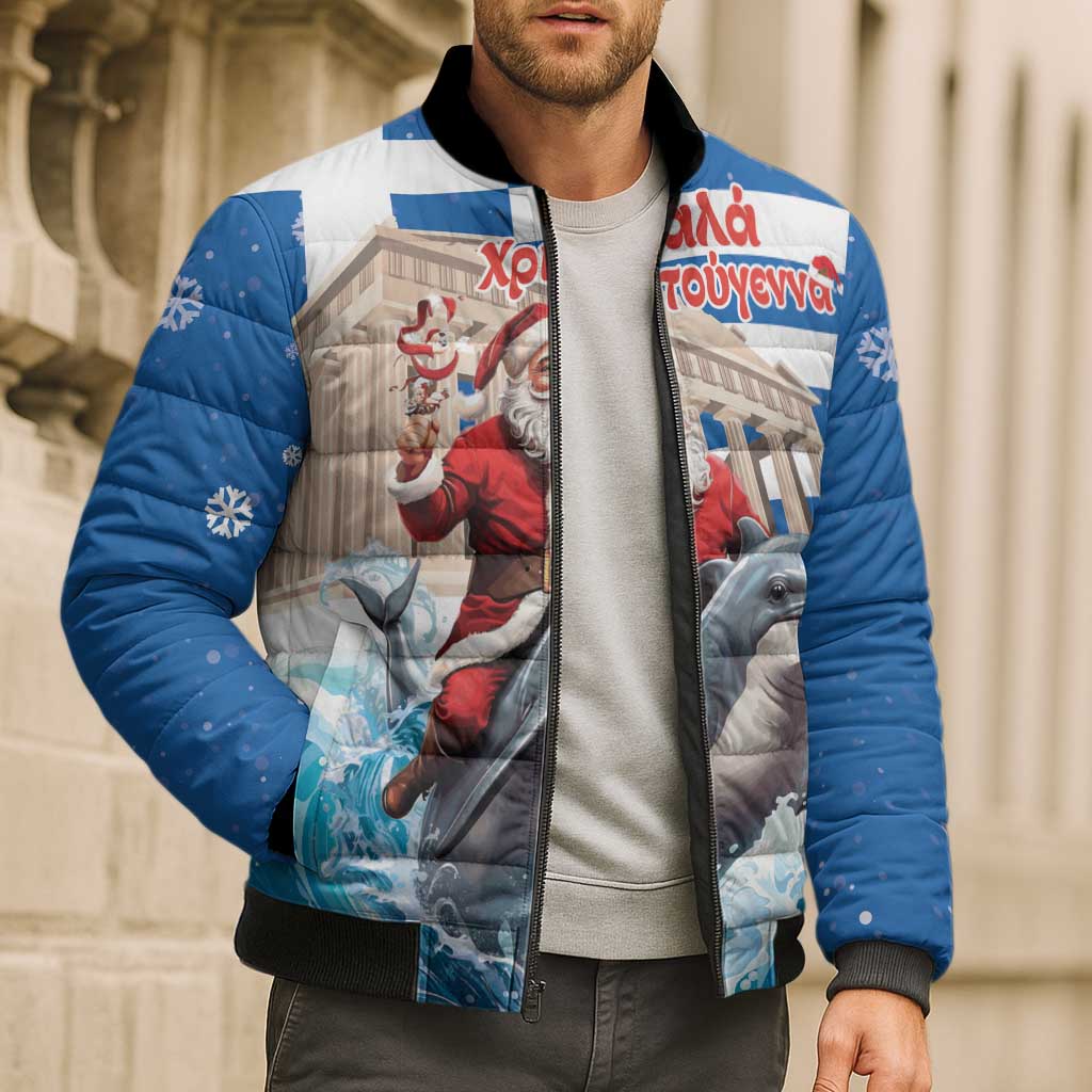Greece Christmas Bomber Puffer Jacket Santa Claus Riding Dolphin - Wonder Print Shop
