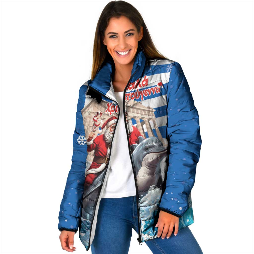 Greece Christmas Padded Jacket Santa Claus Riding Dolphin - Wonder Print Shop