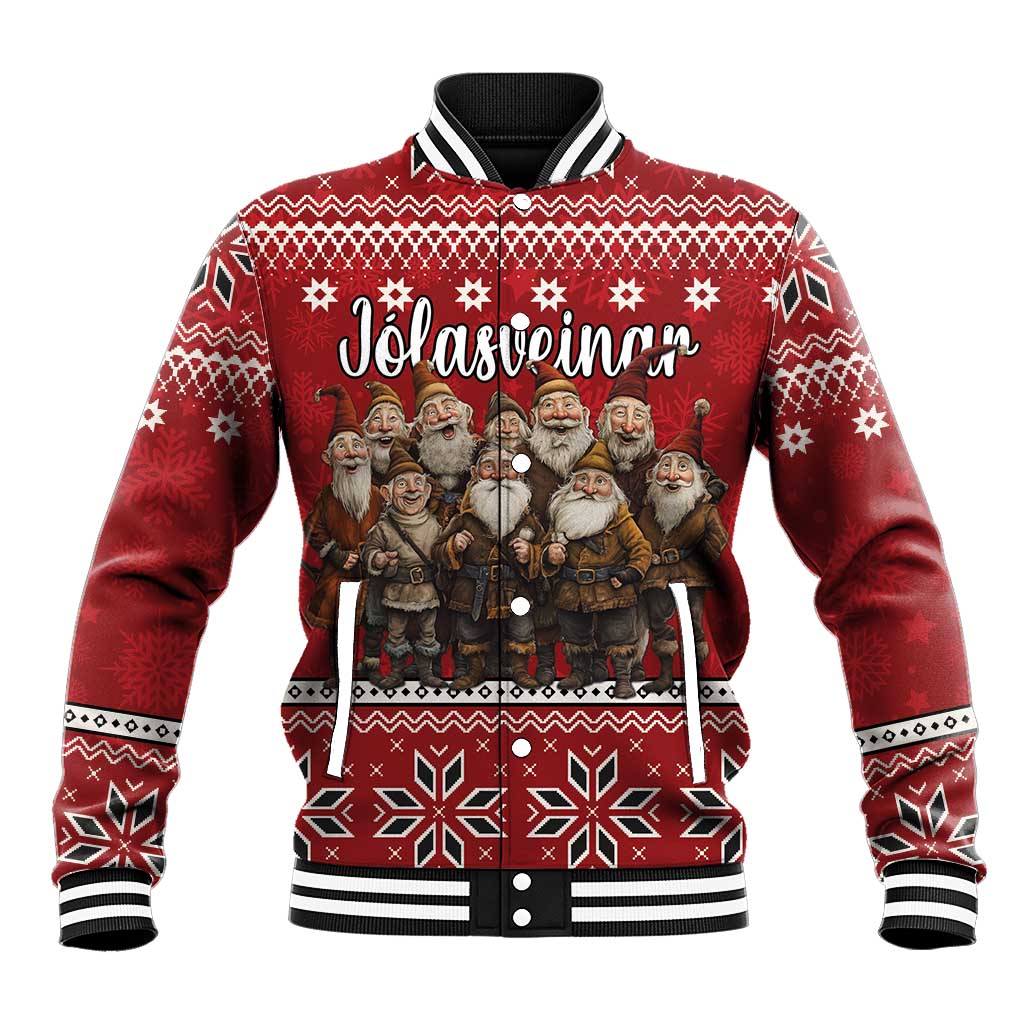 Red baseball jacket with bearded men holiday graphic, striped collar, cuffs, and button front.