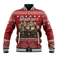 Red baseball jacket with bearded men holiday graphic, striped collar, cuffs, and button front.