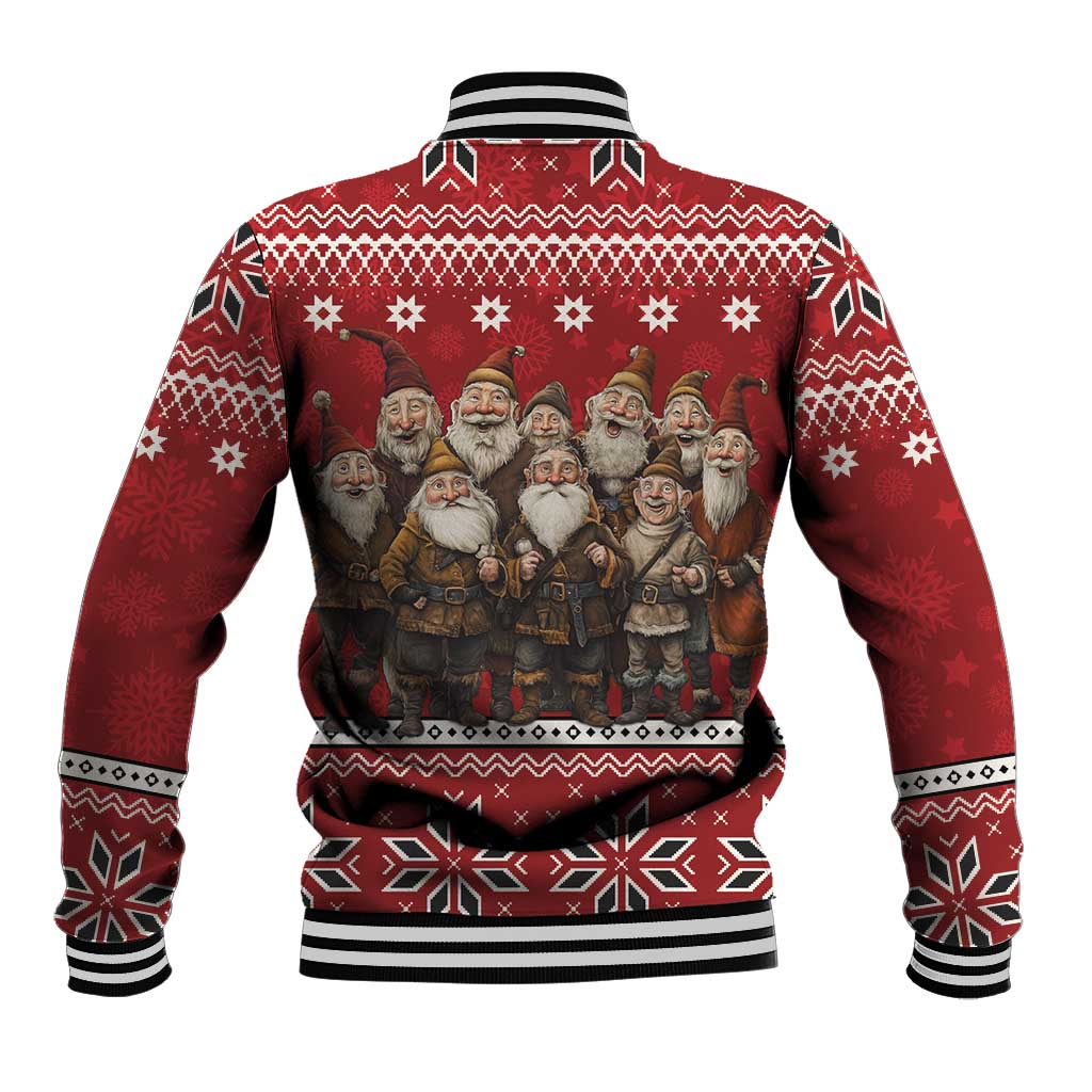Red baseball jacket back view with bearded men holiday graphic and striped rib collar and cuffs.