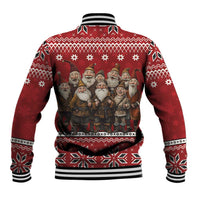 Red baseball jacket back view with bearded men holiday graphic and striped rib collar and cuffs.