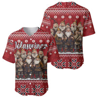 Two red baseball jerseys showing front and back Yule Lads prints with snowflake trims