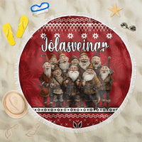 Red round beach blanket with fringe, Jolasveinaur lettering and gnome group print