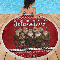 Red round beach blanket with fringe, Jolasveinaur Nordic gnome group center print