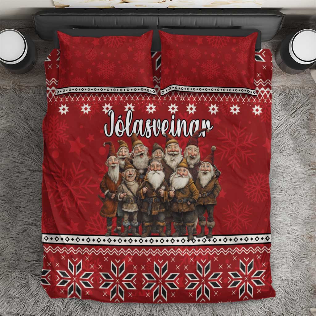 Red Icelandic Christmas bedding set with gnome group print and snowflake patterned borders