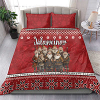 Red bedding set with gnome group print, star-and-snowflake border, and two pillow shams