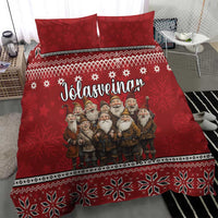 Red bedding set with central gnome group artwork and Nordic snowflake stripe border