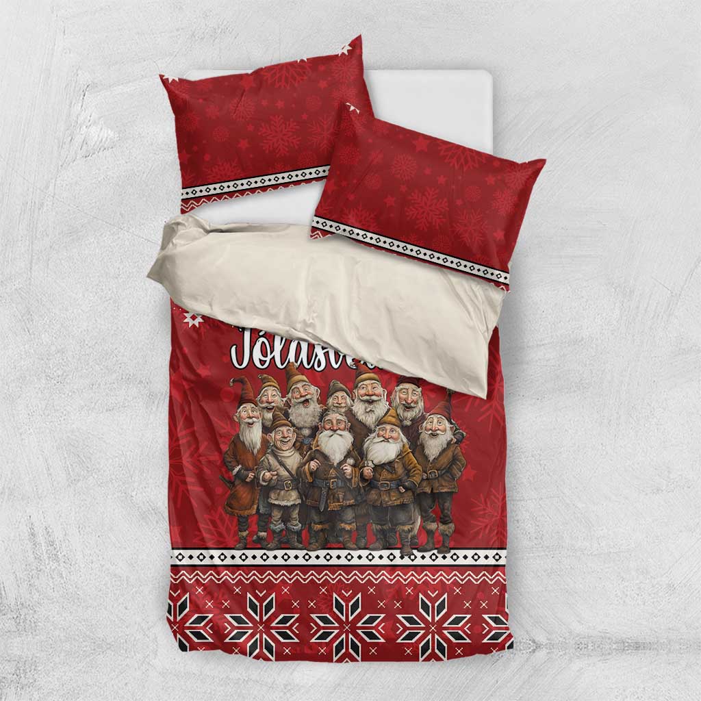 Red bedding set with two shams and duvet featuring gnome group and Nordic geometric hem