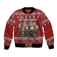 Red bomber jacket with Icelandic yule lads graphic, zip front, patterned cuffs and hem