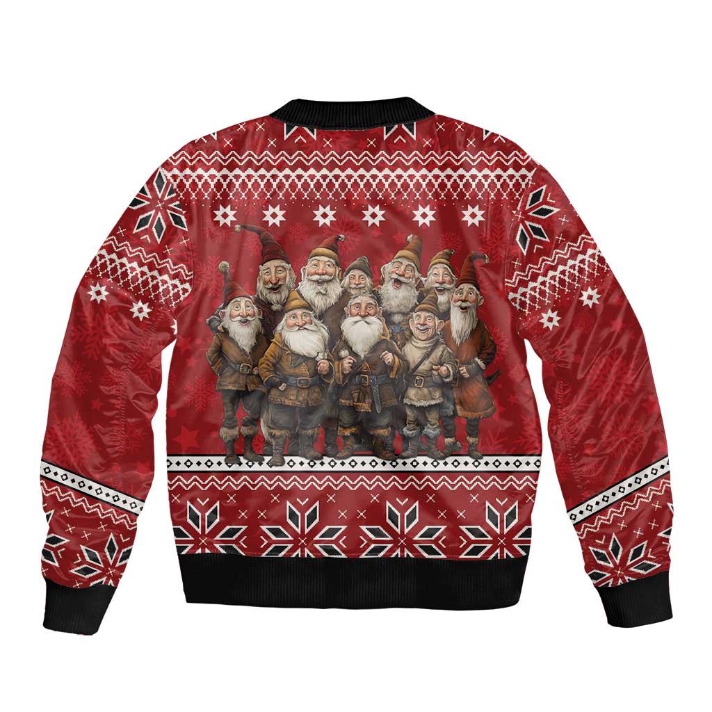 Red bomber jacket with yule lads lineup print, ribbed crew neck, festive geometric border