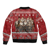Red bomber jacket with yule lads lineup print, ribbed crew neck, festive geometric border