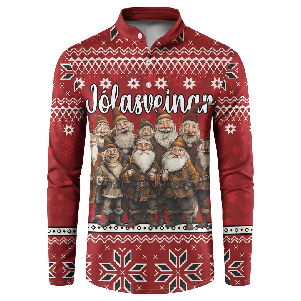 Red button-up sweatshirt with gnome holiday print and fair-isle winter pattern