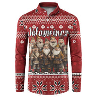 Red button-up sweatshirt with gnome holiday print and fair-isle winter pattern