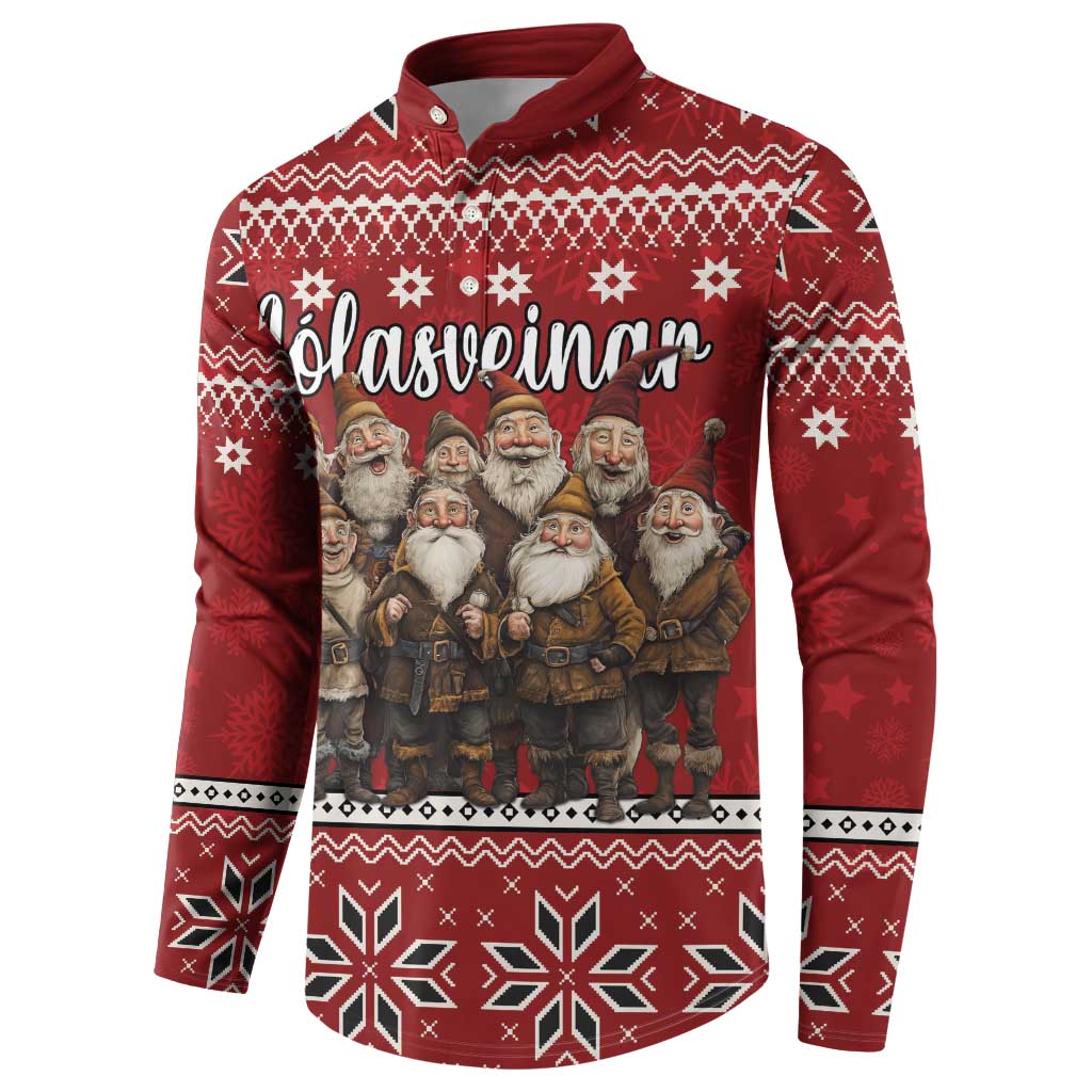 Red button-up sweatshirt with gnome graphic front and patterned yoke