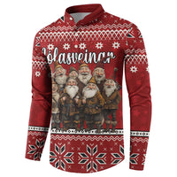 Red button-up sweatshirt with gnome graphic front and patterned yoke