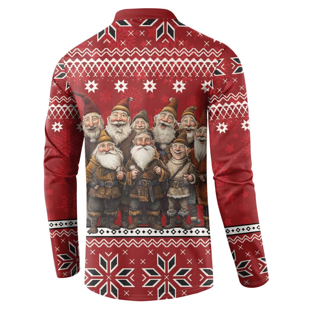 Red sweatshirt back with gnome holiday print and fair-isle border patterns