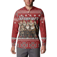 Red gnome holiday button sweatshirt worn by model, fair-isle hem and cuffs