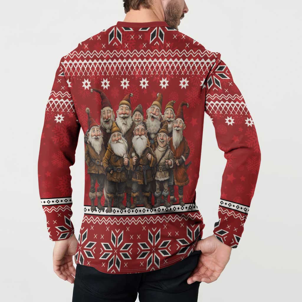 Red gnome holiday button sweatshirt, back print with fair-isle yoke and hem