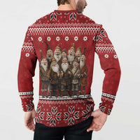 Red gnome holiday button sweatshirt, back print with fair-isle yoke and hem