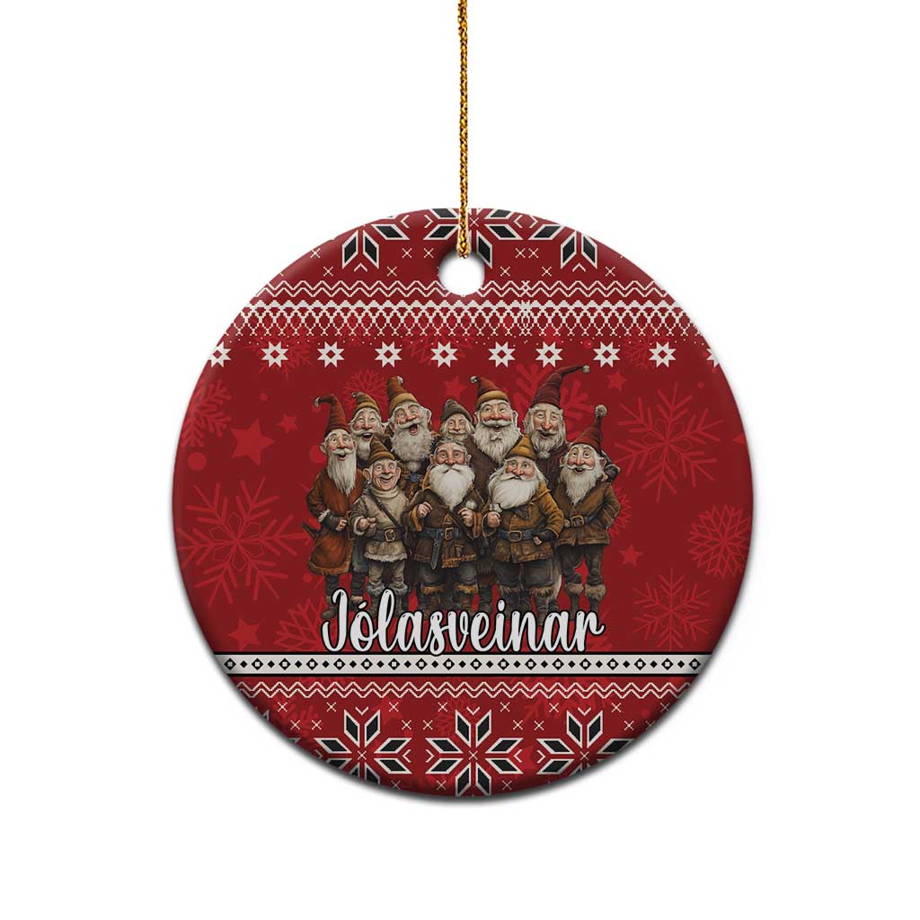 Red ceramic round ornament with Yule lads group and Nordic pattern, gold hanging loop