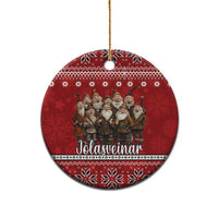 Red ceramic round ornament with Yule lads group and Nordic pattern, gold hanging loop