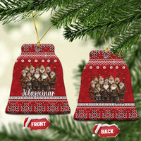 Red ceramic bell ornaments with Yule lads group, front and back tags, hanging loops