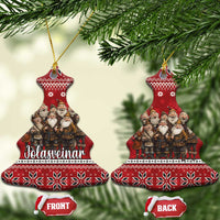 Red ceramic star ornaments with Yule lads group, front and back tags, hanging loops