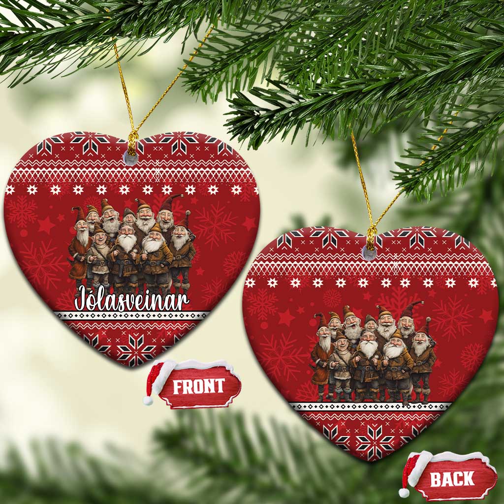 Red ceramic heart ornaments with Yule lads group, gold loops, Nordic snowflake patterns
