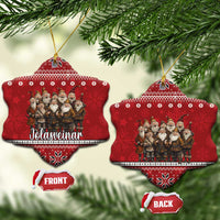 Red ceramic bell ornament with Yule lads group and Nordic pattern, hanging loop
