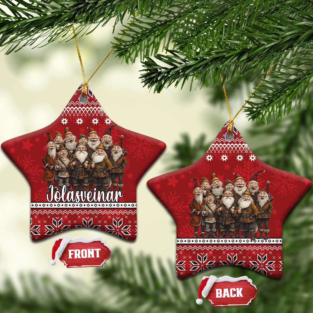 Red ceramic star ornaments with Yule lads group, gold hanging loops, Nordic pattern