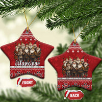 Red ceramic star ornaments with Yule lads group, gold hanging loops, Nordic pattern
