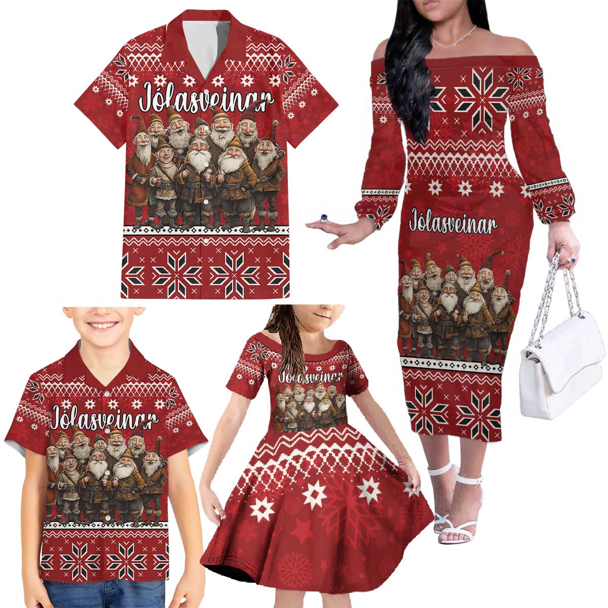 Yule Lads Iceland Family Matching Off The Shoulder Long Sleeve Dress and Hawaiian Shirt Icelandic Christmas folklore - Wonder Print Shop