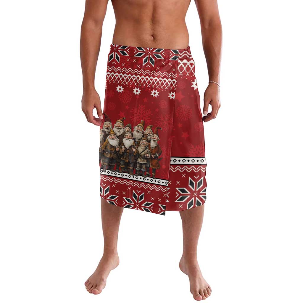Red lava lava sarong with Nordic patterns and yule lad figures front