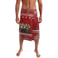 Red lava lava sarong with Nordic patterns and yule lad figures front