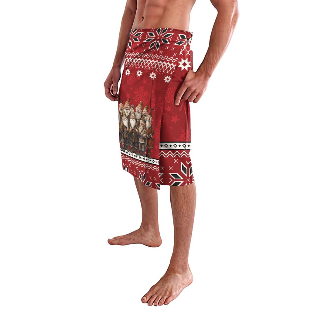 Red lava lava sarong with Nordic motifs and yule lad figure border